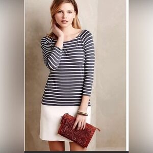 Anthropologie BAILEY 44 Stripe Dress With Vegan Leather Hem SZ M Blue White